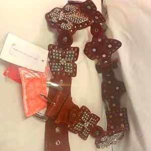 Nwt Charm and Luck fleur de Lois bling leather belt red with stones size S
